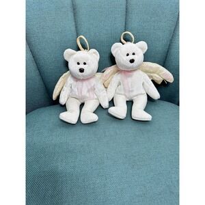 1998 RARE & RETIRED LOT OF 2 TY BEANIE BABY~HALO THE ANGEL WHITE TEDDY BEAR 8"
